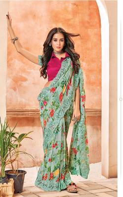 Sea green printed georgette saree with blouse 2