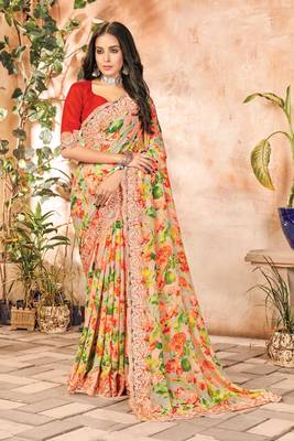 Peach printed georgette saree with blouse 1