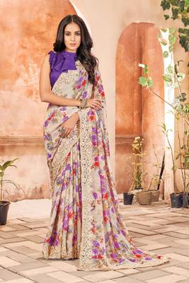 Off white printed georgette saree with blouse 1