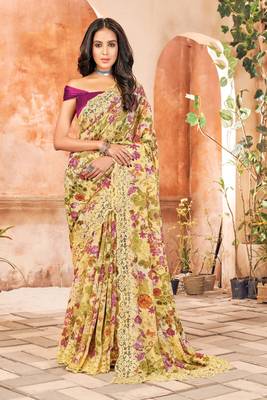 Cream printed georgette saree with blouse 1