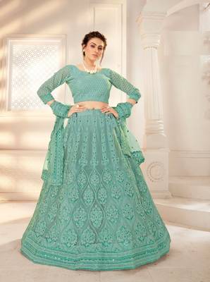 Green Designer Wedding Wear Net Lehenga With Un Stitched Blouse 1