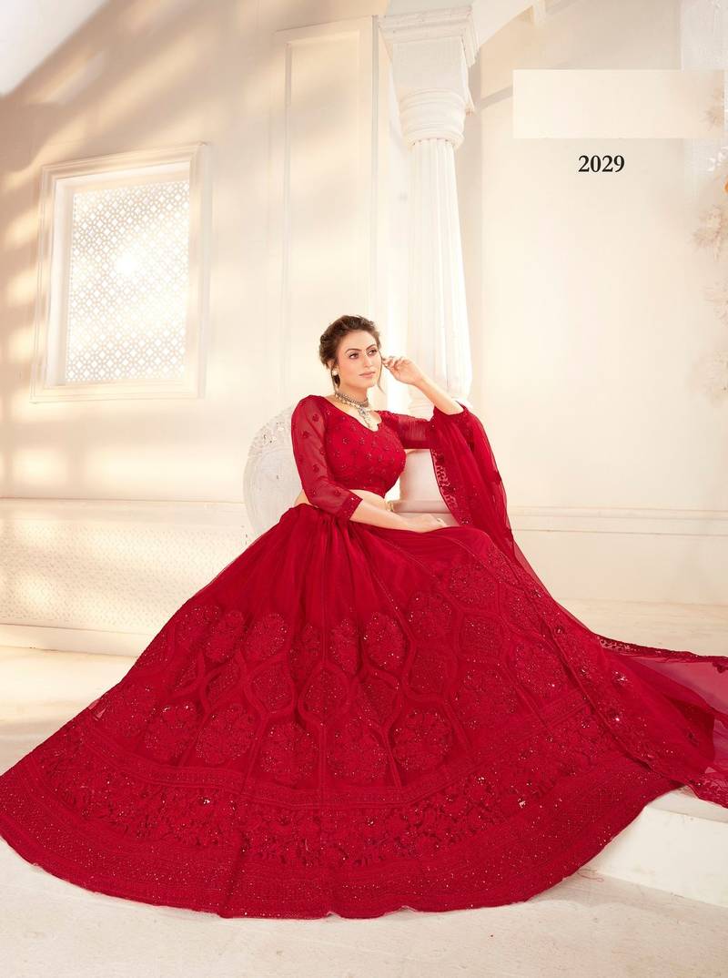 Red Designer Wedding Wear Net Lehenga With Un Stitched Blouse
