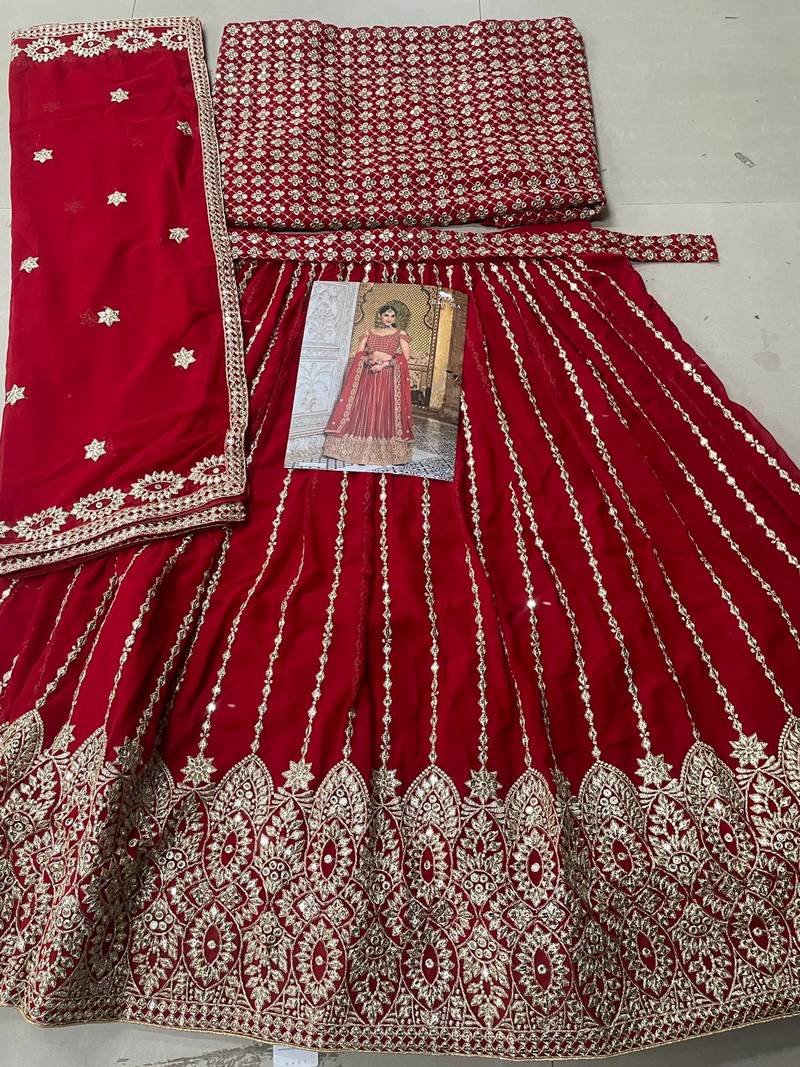 Red Designer Wedding Party Wear Georgette Lehenga With Un Stitched Blouse