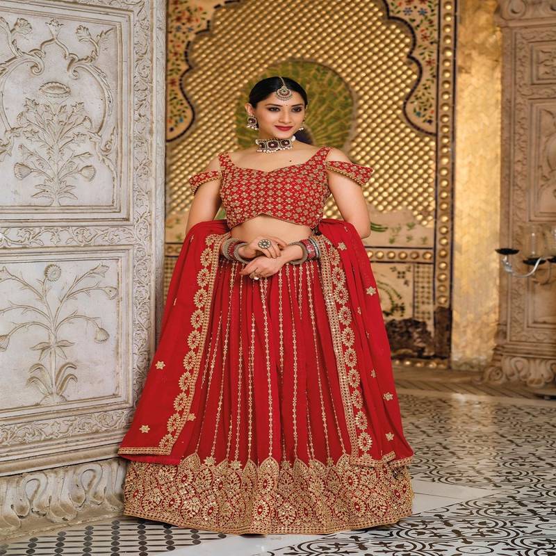 Red Designer Wedding Party Wear Georgette Lehenga With Un Stitched Blouse