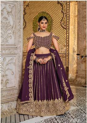 Wine Designer Wedding Party Wear Georgette Lehenga With Un Stitched Blouse 1