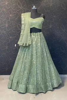 Pista Green Georgette Lehenga With Un Stitched Blouse