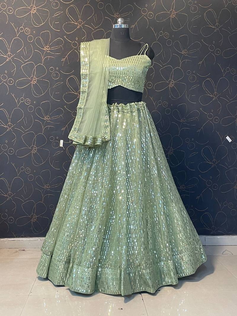 Pista Green Georgette Lehenga With Un Stitched Blouse