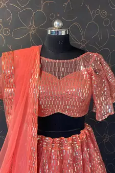 Peach Designer Wedding Party Wear Georgette Lehenga With Un Stitched Blouse