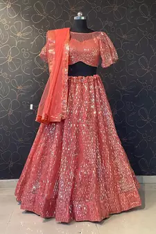 Peach Designer Wedding Party Wear Georgette Lehenga With Un Stitched Blouse