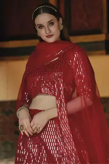 Red Designer Wedding Party Wear Georgette Lehenga With Un Stitched Blouse