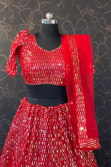 Red Designer Wedding Party Wear Georgette Lehenga With Un Stitched Blouse