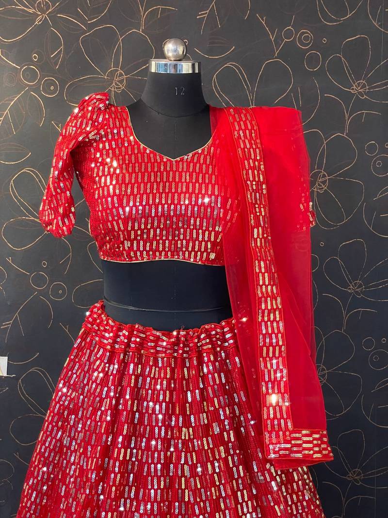 Red Designer Wedding Party Wear Georgette Lehenga With Un Stitched Blouse