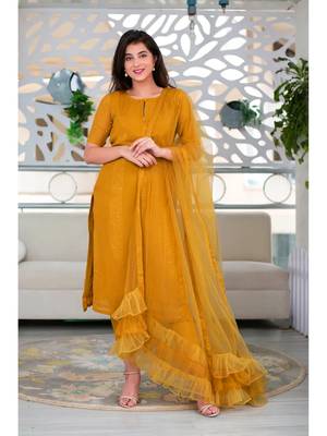 Mustard Poly Rayon Women's Kurta & Pant Set With Ruffle Dupatta 1