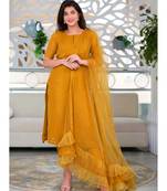 Mustard Poly Rayon Women's Kurta & Pant Set With Ruffle Dupatta