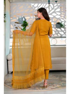 Mustard Poly Rayon Women's Kurta & Pant Set With Ruffle Dupatta 2
