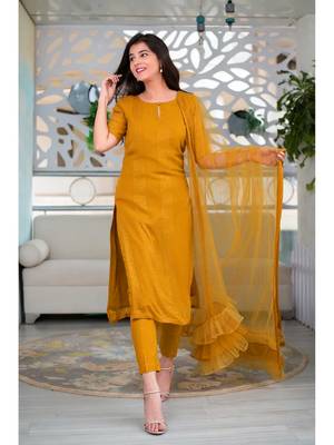 Mustard Poly Rayon Women's Kurta & Pant Set With Ruffle Dupatta 3