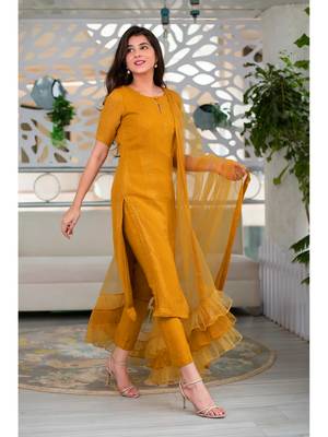 Mustard Poly Rayon Women's Kurta & Pant Set With Ruffle Dupatta 4