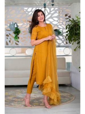 Mustard Poly Rayon Women's Kurta & Pant Set With Ruffle Dupatta 5