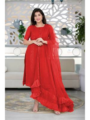 Red Poly Rayon Women's Kurta & Pant Set With Ruffle Dupatta 1
