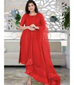 Red Poly Rayon Women's Kurta & Pant Set With Ruffle Dupatta