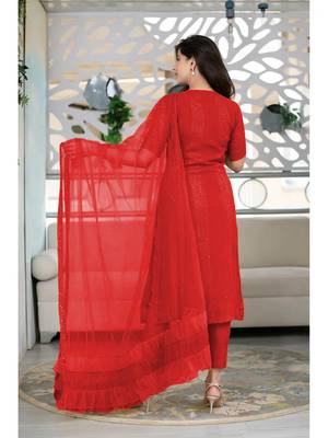Red Poly Rayon Women's Kurta & Pant Set With Ruffle Dupatta 2