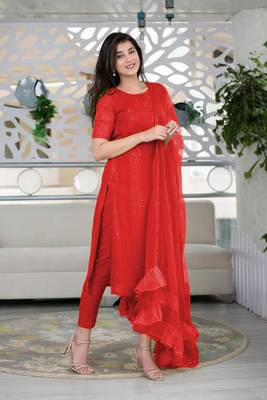 Red Poly Rayon Women's Kurta & Pant Set With Ruffle Dupatta 3
