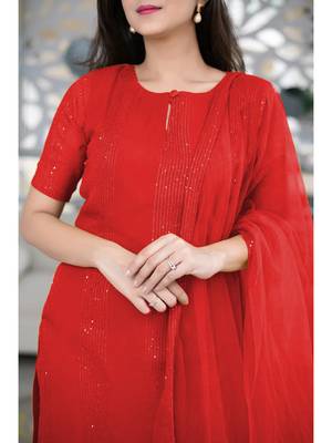 Red Poly Rayon Women's Kurta & Pant Set With Ruffle Dupatta 4