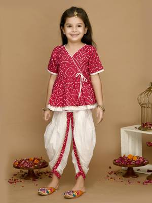 Girls Magenta Bandhani Printed Angrakha Pure Cotton Kurti with Dhoti Pants 1
