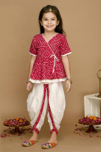Girls Magenta Bandhani Printed Angrakha Pure Cotton Kurti with Dhoti Pants