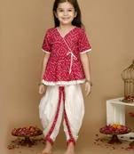 Girls Magenta Bandhani Printed Angrakha Pure Cotton Kurti with Dhoti Pants