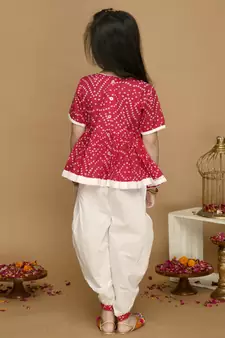 Girls Magenta Bandhani Printed Angrakha Pure Cotton Kurti with Dhoti Pants