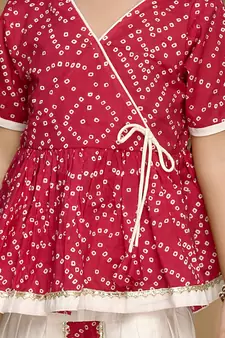 Girls Magenta Bandhani Printed Angrakha Pure Cotton Kurti with Dhoti Pants
