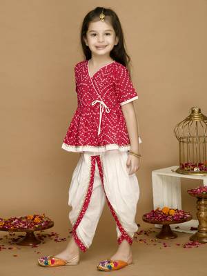 Girls Magenta Bandhani Printed Angrakha Pure Cotton Kurti with Dhoti Pants 5