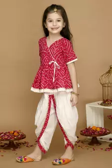 Girls Magenta Bandhani Printed Angrakha Pure Cotton Kurti with Dhoti Pants