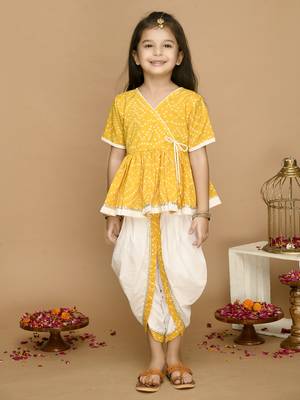 Girls Yellow Bandhani Printed Angrakha Pure Cotton Kurti with Dhoti Pants 1