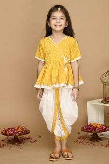 Girls Yellow Bandhani Printed Angrakha Pure Cotton Kurti with Dhoti Pants