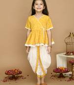 Girls Yellow Bandhani Printed Angrakha Pure Cotton Kurti with Dhoti Pants