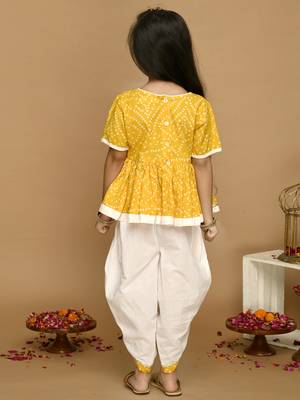 Girls Yellow Bandhani Printed Angrakha Pure Cotton Kurti with Dhoti Pants 2