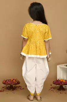 Girls Yellow Bandhani Printed Angrakha Pure Cotton Kurti with Dhoti Pants