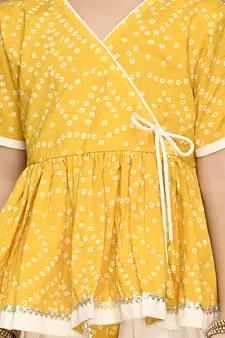 Girls Yellow Bandhani Printed Angrakha Pure Cotton Kurti with Dhoti Pants