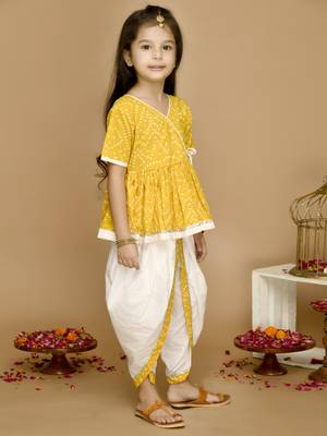 Girls Yellow Bandhani Printed Angrakha Pure Cotton Kurti with Dhoti Pants 5