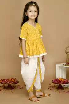 Girls Yellow Bandhani Printed Angrakha Pure Cotton Kurti with Dhoti Pants
