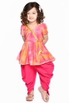 Girls Orange Dyed Angrakha Gotta Patti Kurta with Dhoti Pants & With Dupatta