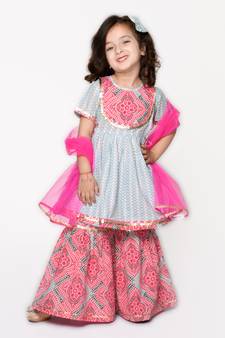 Girls Blue Floral Printed Panelled Gotta Patti Pure Cotton Kurti with Sharara & With Dupatta