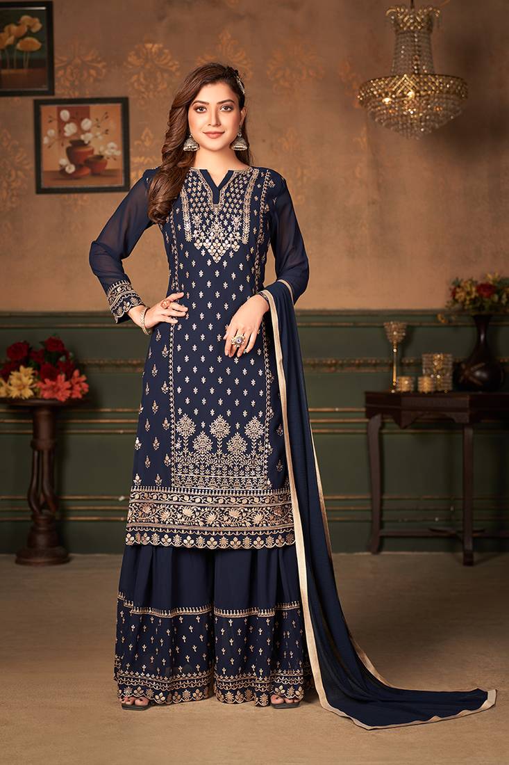 Navy-blue embroidered georgette salwar