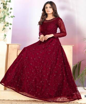 Maroon Net Anarkali Salwar Kameez 2