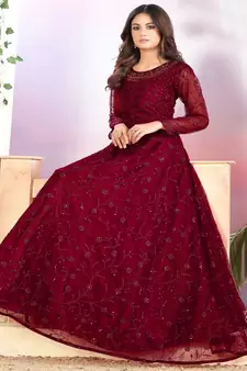 Maroon Net Anarkali Salwar Kameez
