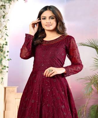 Maroon Net Anarkali Salwar Kameez 4