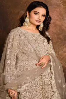 Beige Net Anarkali Salwar Kameez