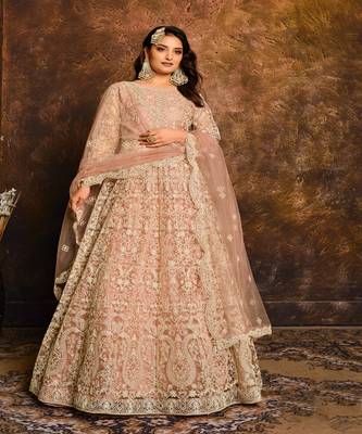Light Peach Net Anarkali Salwar Kameez 1